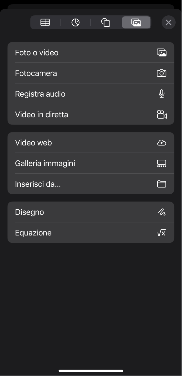 Il menu Media mostra i pulsanti per aggiungere e registrare vari oggetti multimediali.