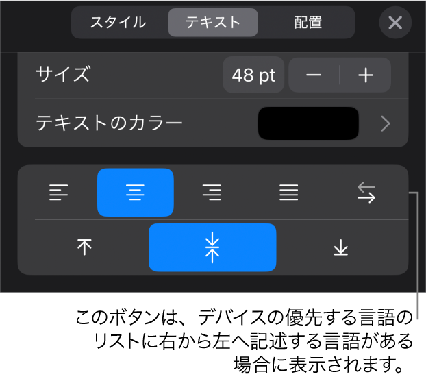 「フォーマット」メニューのテキストコントロール。「右から左」ボタンへのコールアウトが表示された状態。