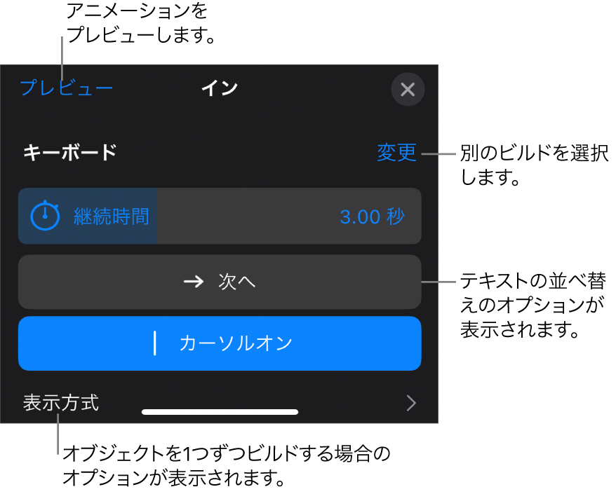 ビルドのオプションには、「継続時間」、「テキストアニメーション」、および「表示方式」があります。別のビルドを選択するには「変更」をタップし、ビルドをプレビューするには「プレビュー」をタップします。
