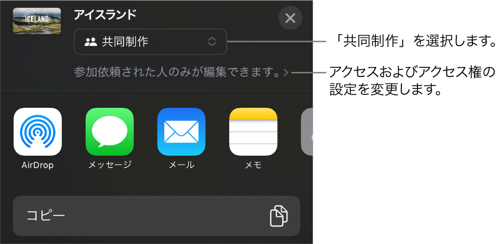 「共有」メニュー。上部の「共同作業」が選択されていて、下に参加対象とアクセス権の設定があります。