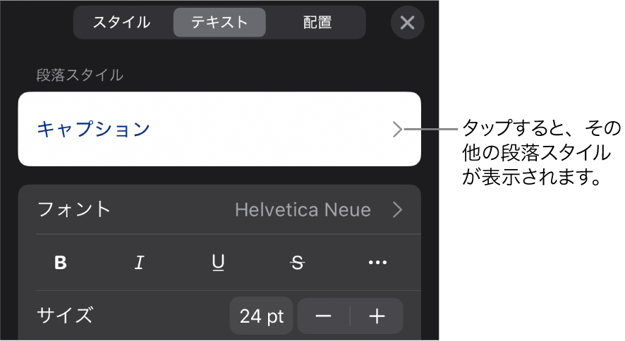 「フォーマット」メニュー。段落と文字のスタイル、フォント、サイズ、色を設定するためのテキストコントロールが表示されています。