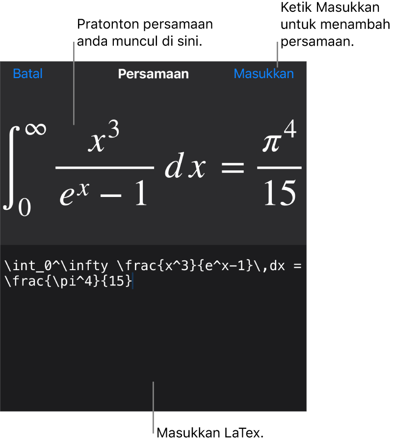 Dialog Persamaan, menunjukkan persamaan yang ditulis menggunakan perintah LaTex manakala pratonton formulanya di atas.