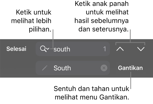 Kawalan Cari & Ganti di atas papan kekunci dengan butang Gantikan, Pergi ke Atas dan Pergi ke Bawah, serta anak panah untuk diketik untuk Pilihan Cari.