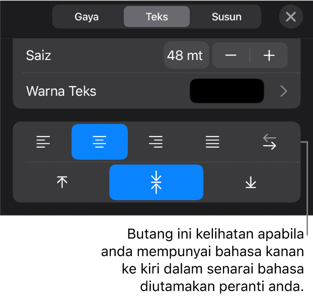 Kawalan teks dalam menu Format dengan petak bual ke butang Kanan ke Kiri.