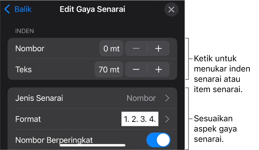 Menu Edit Gaya Senarai dengan kawalan untuk mengedit jenis dan penampilan senarai.
