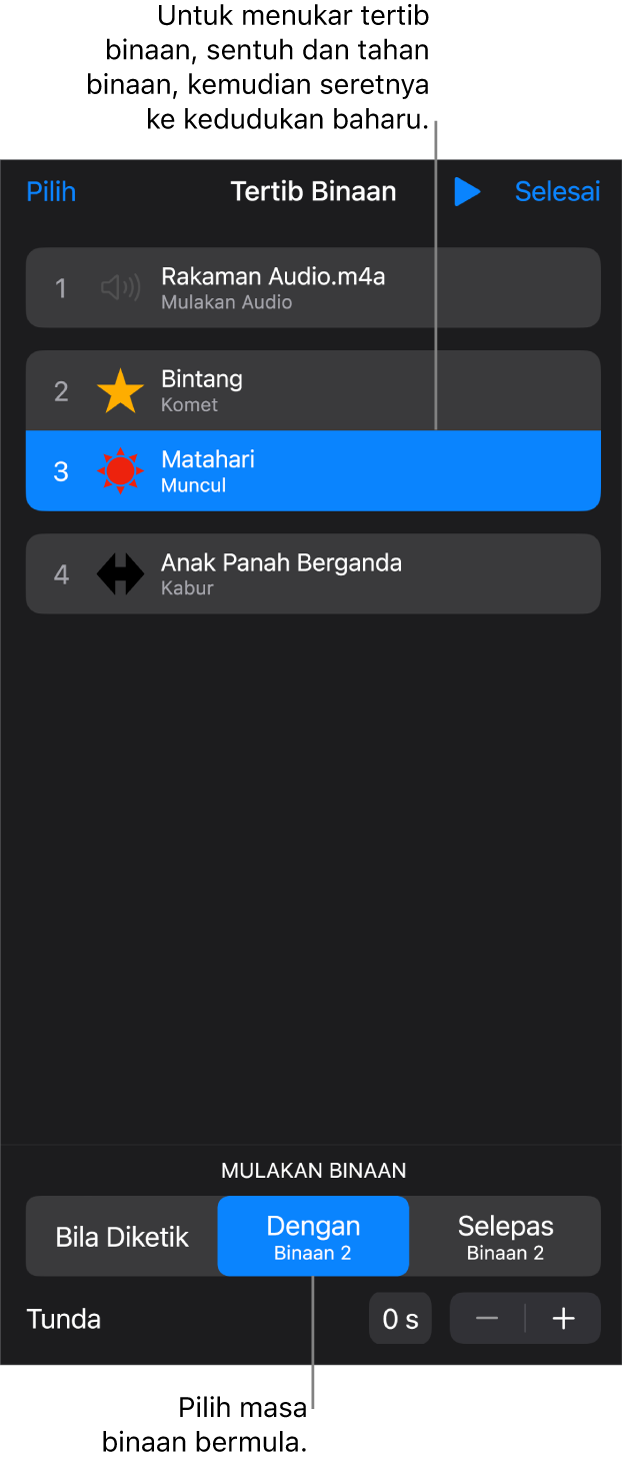 Senarai Tertib Binaan menunjukkan kesan bina masuk dengan lencana kuning dan kesan bina keluar dengan lencana kelabu.