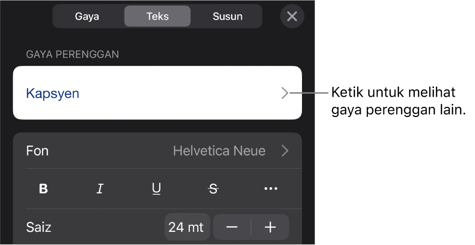 Menu Format menunjukkan kawalan teks untuk mengesetkan perenggan dan gaya, fon, saiz dan warna aksara.