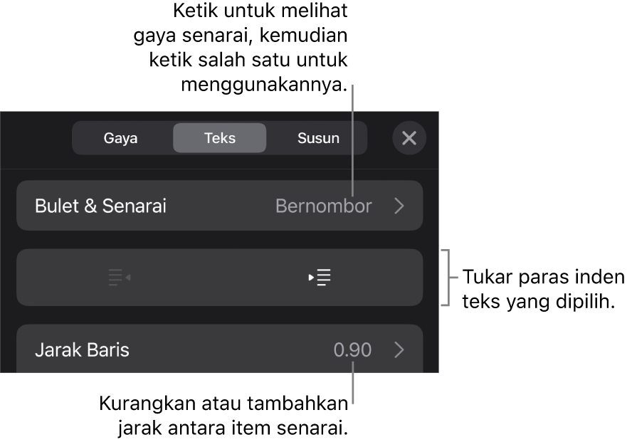 Bahagian Bulet & Senarai daripada kawalan Format dengan petak bual ke Bulet & Senarai, butang outden dan inden serta kawalan jarak baris.