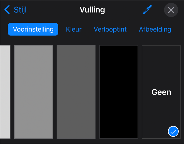 De vullingsregelaars waarbij 'Geen' is geselecteerd.