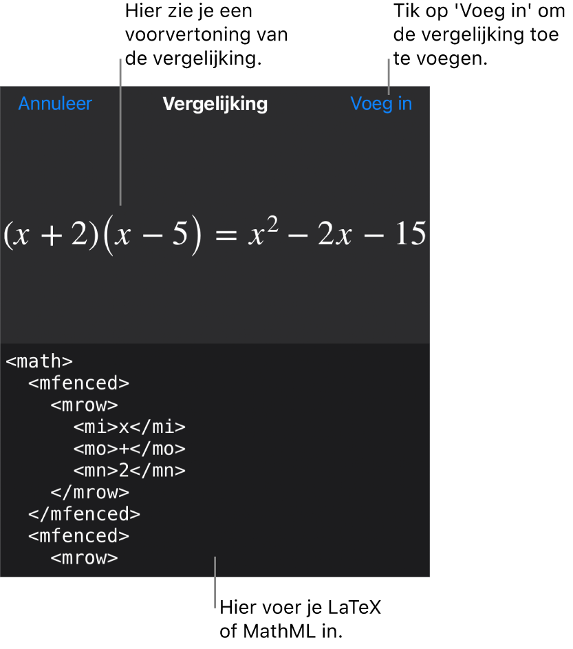 Het venster 'Vergelijking' met daarin een vergelijking die geschreven is met MathML-commando's en erboven een voorvertoning van de formule.