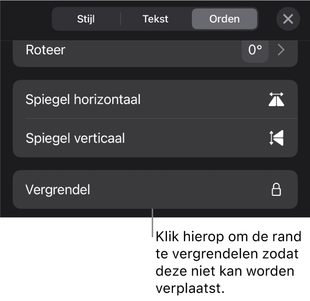 De ordenfuncties in het opmaakmenu met uitleg bij de knop 'Vergrendel'.