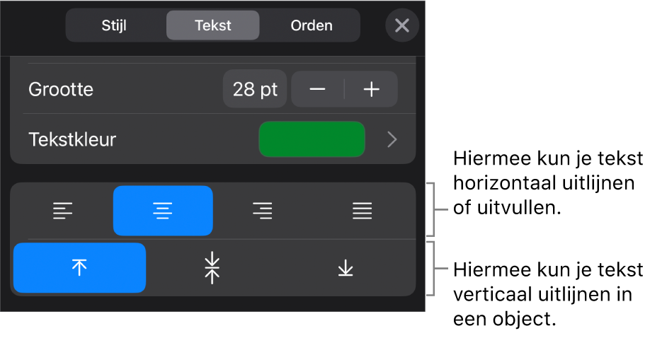 Het gedeelte 'Uitlijning' van de opmaakknop met uitleg bij tekstuitlijnknoppen.