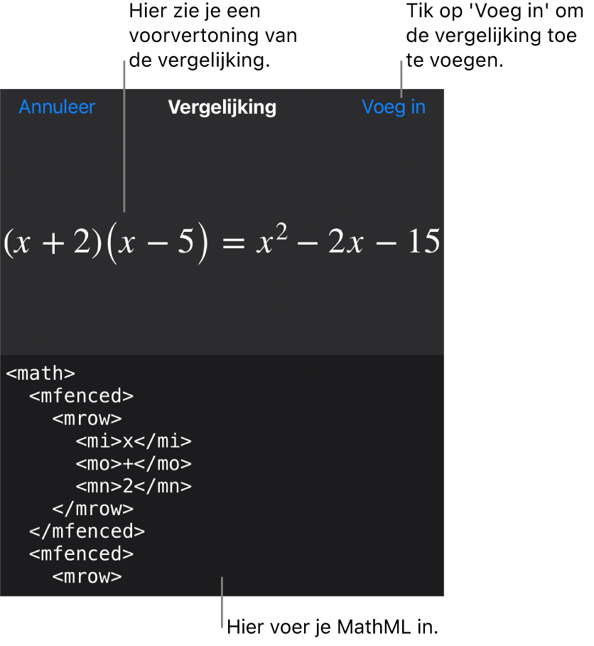 Het venster 'Vergelijking' met daarin een vergelijking die geschreven is met MathML-commando's en erboven een voorvertoning van de formule.