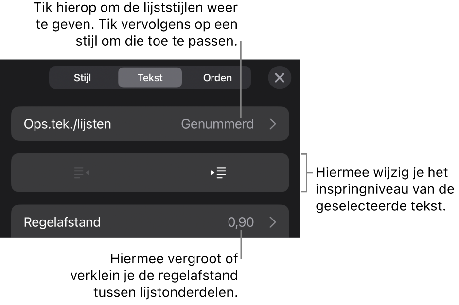 Het gedeelte 'Ops.tek./lijsten' van de opmaakregelaars met uitleg bij 'Ops.tek./lijsten', de inspringknoppen en de regelaars voor de regelafstand.