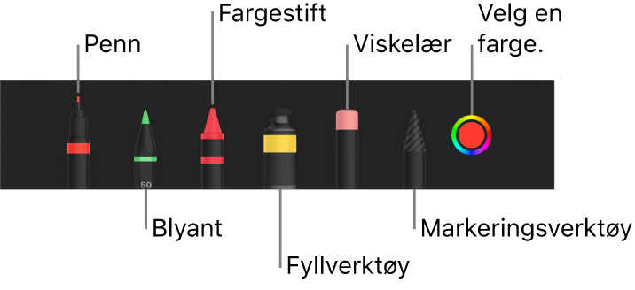 Tegneverktøylinjen med en penn, blyant, fargestift, fyllverktøy, viskelær, markeringsverktøy og fargefelt som viser den gjeldende fargen.