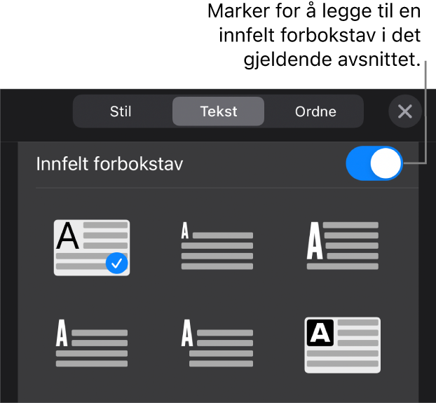 Innfelt forbokstav-kontrollene vises i Tekst-menyen.