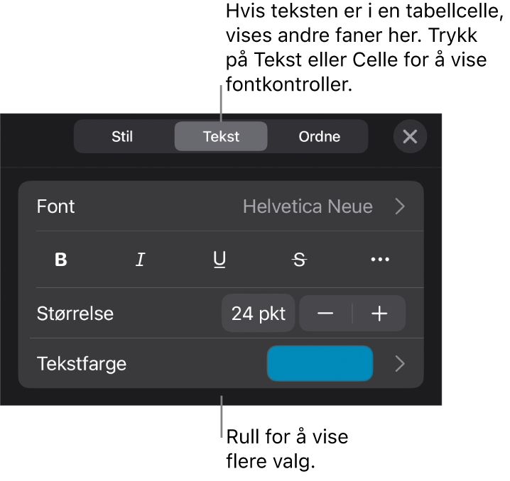 Tekstkontroller i Format-menyen for å angi avsnitts- og tegnstiler, font, størrelse og farge.