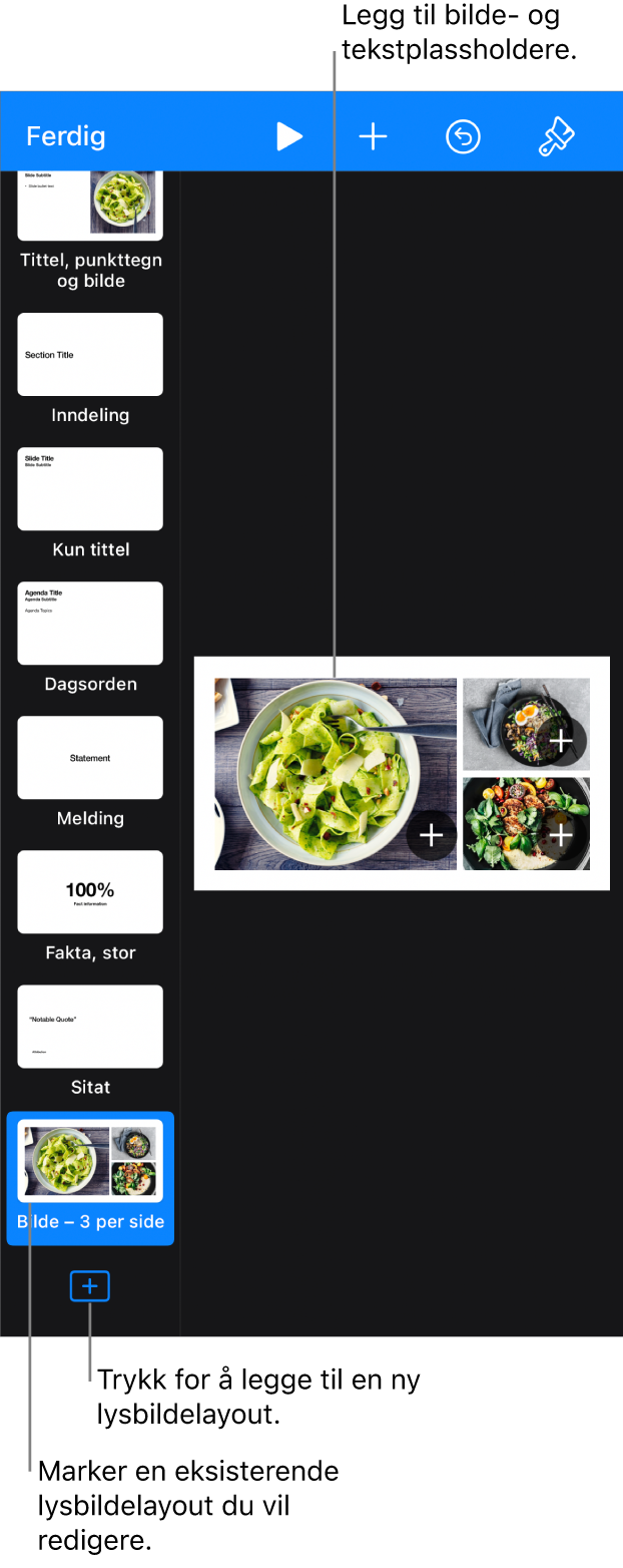 En lysbildelayout vises på lysbildelerretet, med Legg til lysbildelayout-knappen nederst i lysbildenavigereren.