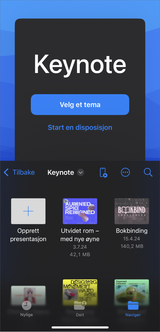 Keynote-dokumenthåndterer med knapper for å lage en lysbildeserie et tema eller en disposisjon øverst på skjermen, og kontroller for å åpne arkiverte presentasjoner nederst.