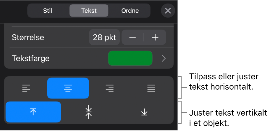 Justering-delen for Format-knappen, med bildeforklaringer for tekstjusteringsknappene.