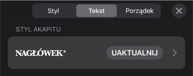 Styl akapitu z gwiazdką oraz znajdującym się po prawej stronie przyciskiem Uaktualnij.