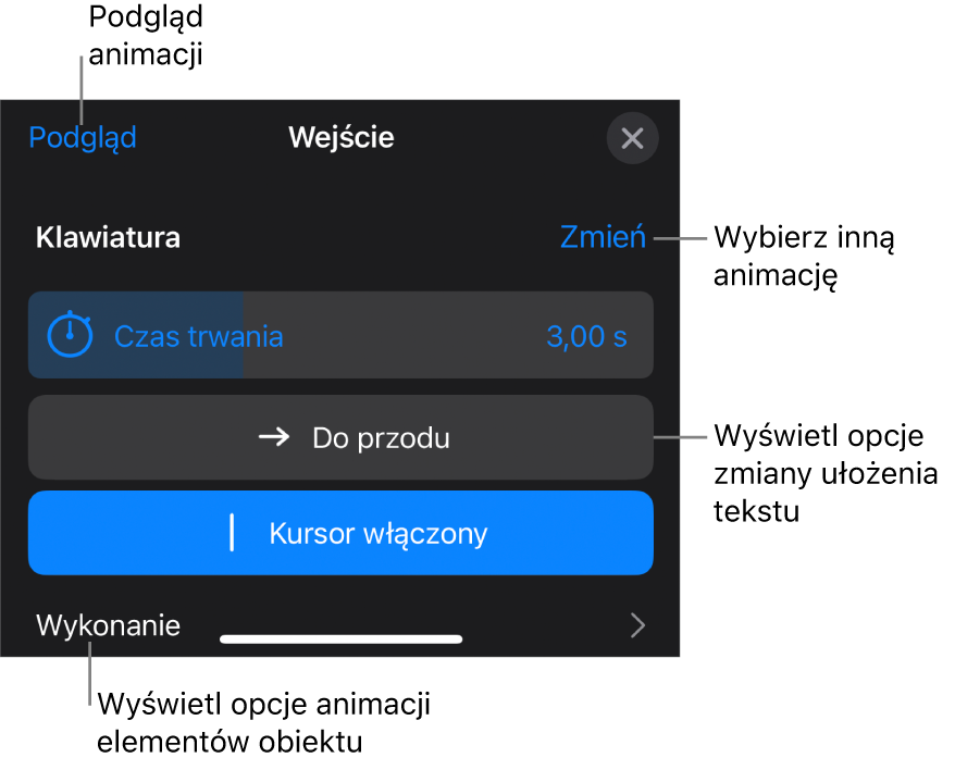 Widoczne są opcje animacji: Czas trwania, Animacja tekstu oraz Wykonanie. Stuknij w Zmień, aby wybrać inną animację. Stuknij w Podgląd, aby zobaczyć podgląd animacji.