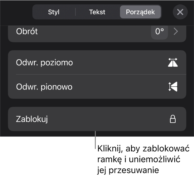 Narzędzia Uporządkuj w menu Format z wyróżnionym przyciskiem Blokuj.