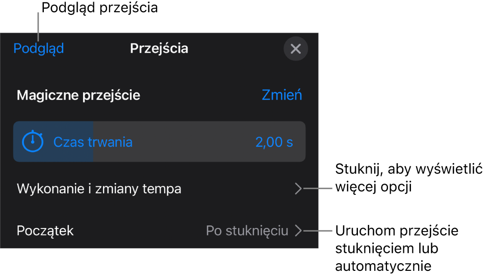 Narzędzia przejścia Magiczne przejście w panelu Przejścia.