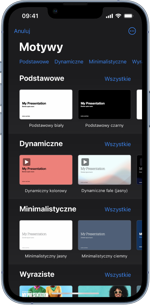  Paleta motywów z widocznym na górze wierszem kategorii, w które możesz stuknąć, aby filtrować dostępne motywy. Poniżej widoczne są miniaturki gotowych motywów uporządkowane wierszami według kategorii.