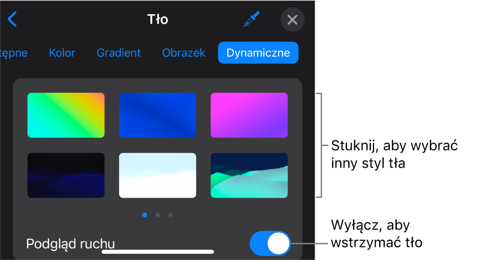 Narzędzia tła dynamicznego. Widoczne są miniaturki stylu tła i przycisk Podgląd ruchu.