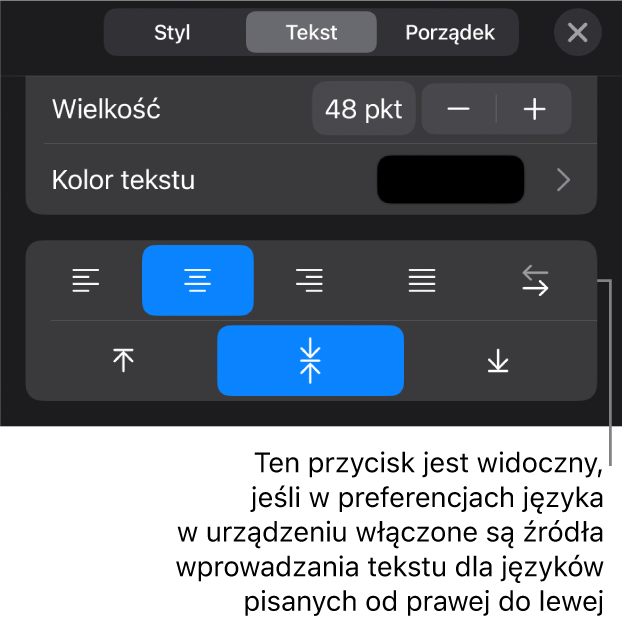 Narzędzia tekstu w menu Format z objaśnieniem wskazującym przycisk Od prawej do lewej.