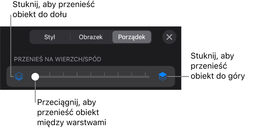 Przycisk przenoszenia niżej, przycisk przenoszenia wyżej i suwak warstw.