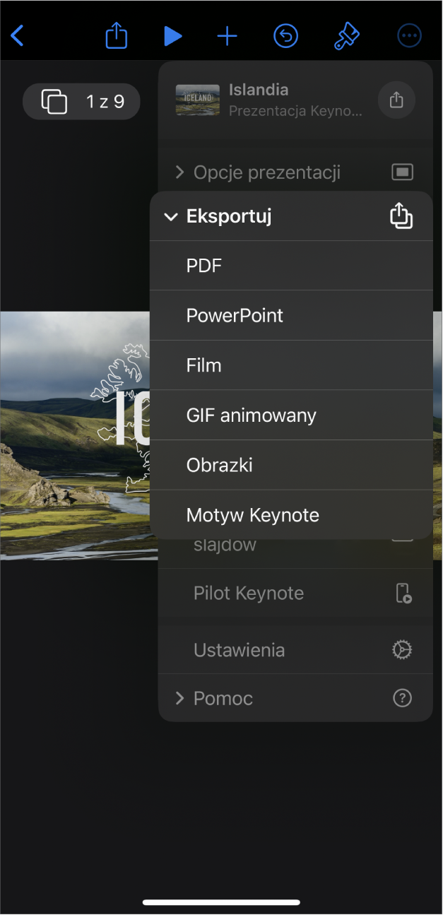 Okno Keynote z opcjami eksportu otwartymi w menu Więcej na pasku narzędzi.