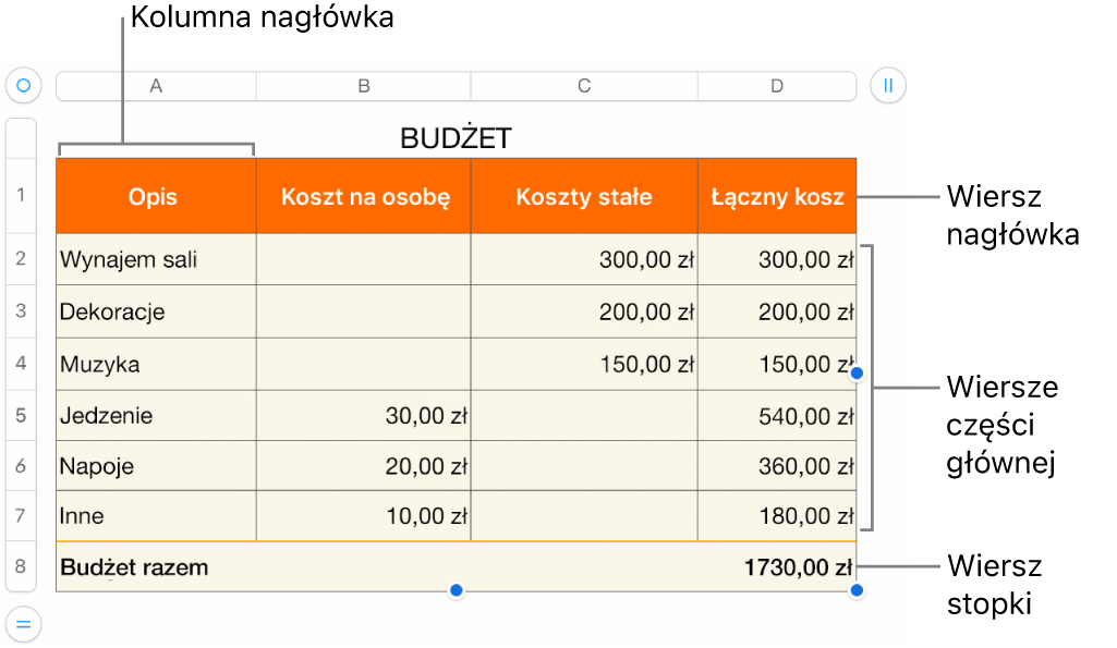 Tabela z wierszami i kolumnami nagłówka, części głównej i stopki oraz uchwytami dodawania lub usuwanie wierszy lub kolumn.