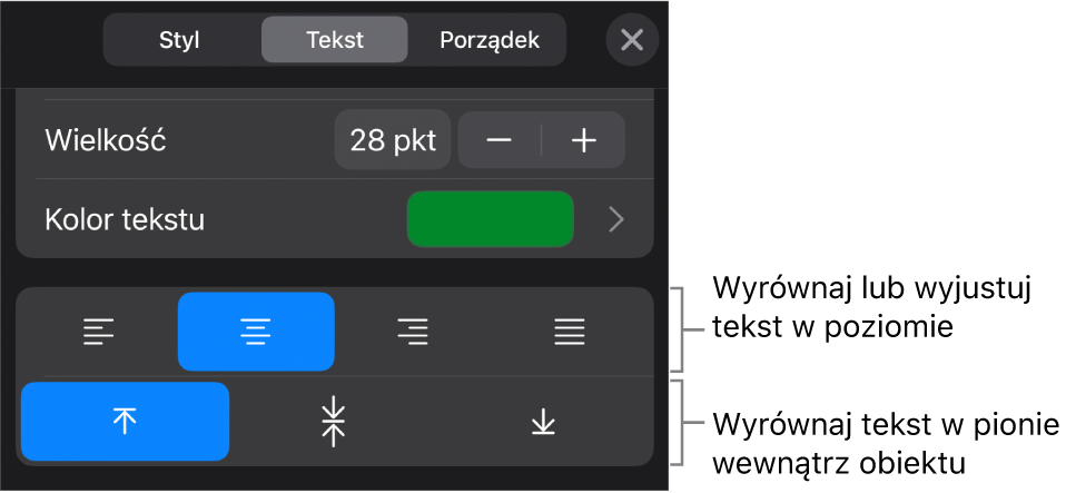 Sekcja Wyrównanie na pasku bocznym Format z opisami wskazującymi przyciski wyrównywania tekstu.