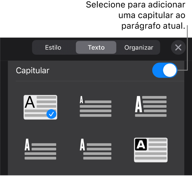 Controles Capitular localizados no menu Texto.