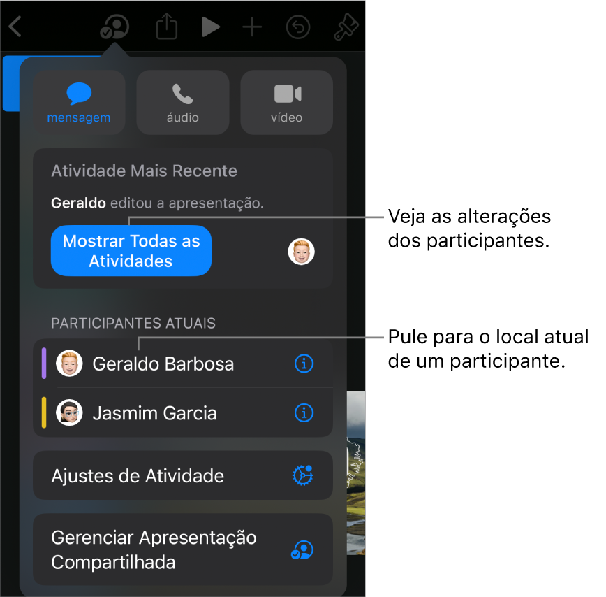 Menu de colaboração com participantes atuais listados.