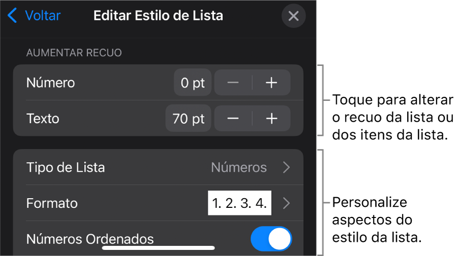 Menu de “Editar Estilo de Lista” com controles para editar o tipo e a aparência da lista.