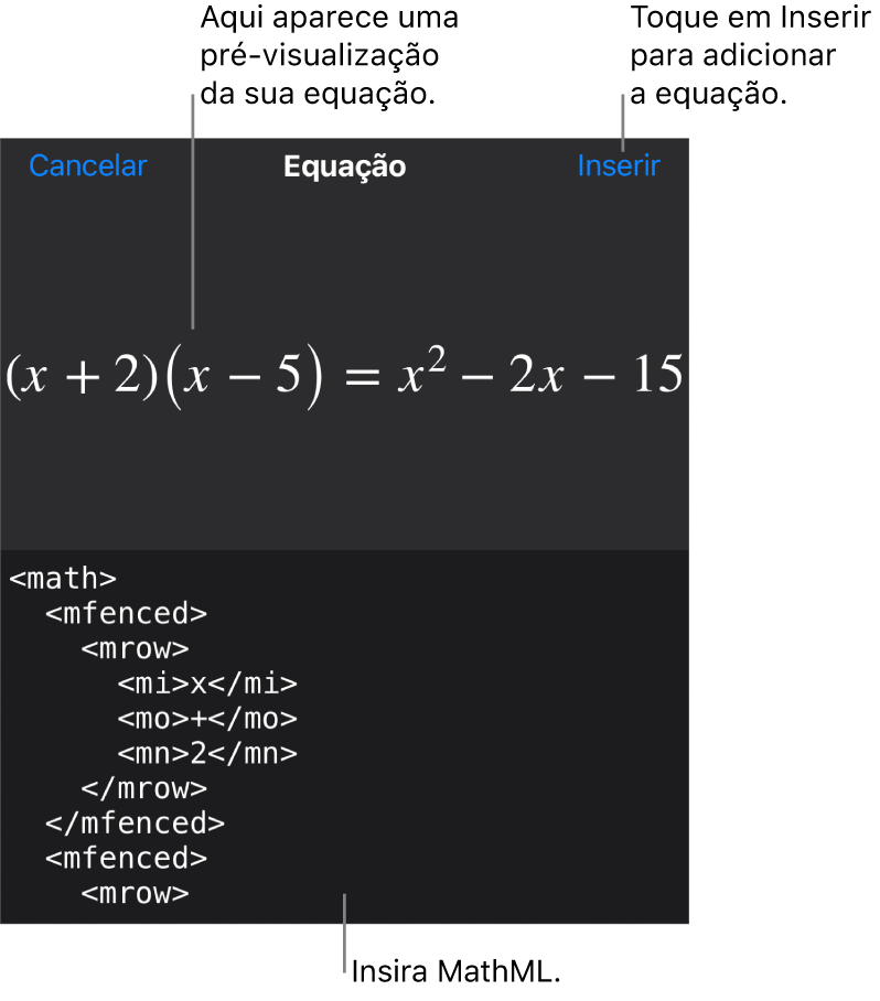 O diálogo de Equação, mostrando uma equação escrita com comandos MathML e uma pré-visualização da fórmula acima.