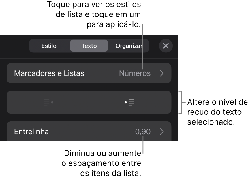 Seção “Marcadores e Listas” dos controles de Formatação, com chamadas para “Marcadores e Listas”, botões para aumentar ou diminuir o recuo e controles de entrelinha.