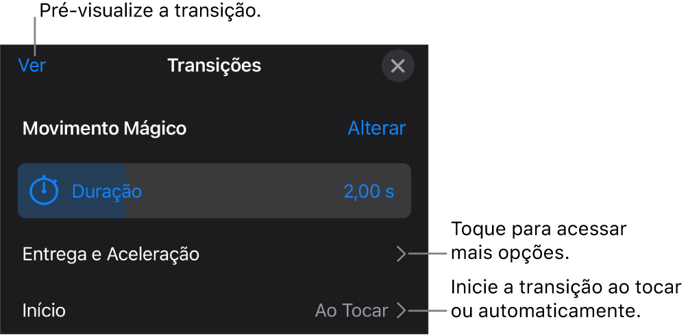 Controles de Movimento Mágico no painel Transições.