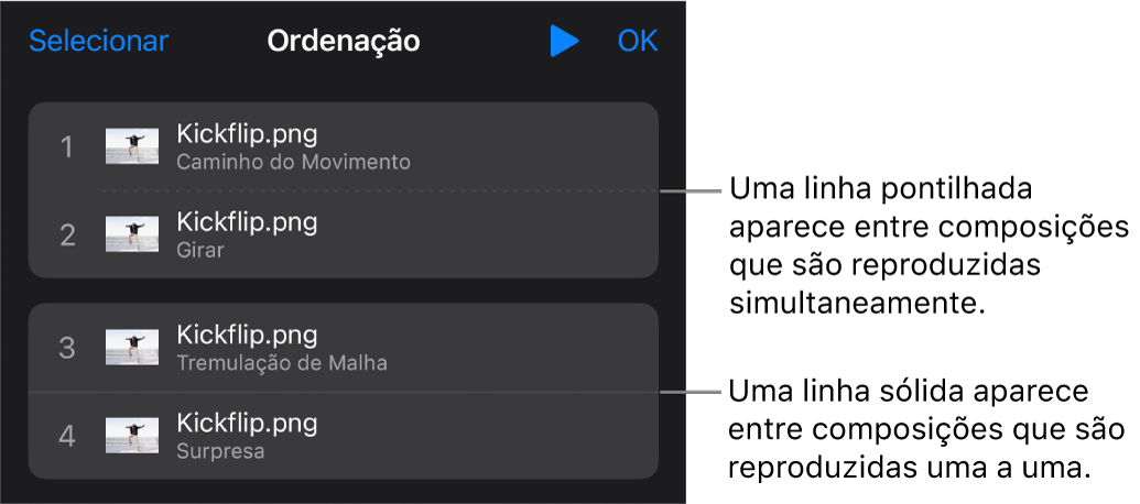 Menu “Ordem de Composição”, com uma linha pontilhada aparecendo entre composições reproduzidas simultaneamente e uma linha sólida entre composições reproduzidas uma a uma.