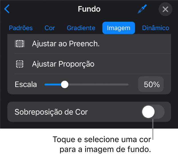 Controles de Fundo com uma imagem definida como fundo do slide e o controle “Sobreposição de Cor” na parte inferior.
