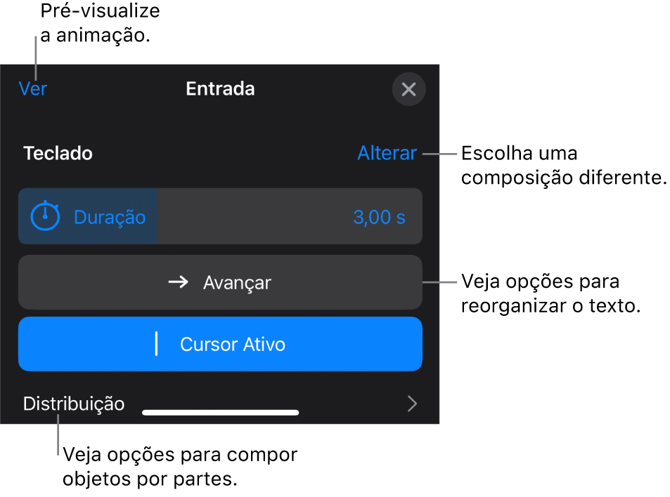Entre as opções de composição estão Duração, Animação do Texto e Distribuição. Toque em Alteração para escolher uma composição diferente ou toque em Pré-visualizar para pré-visualizá-la.