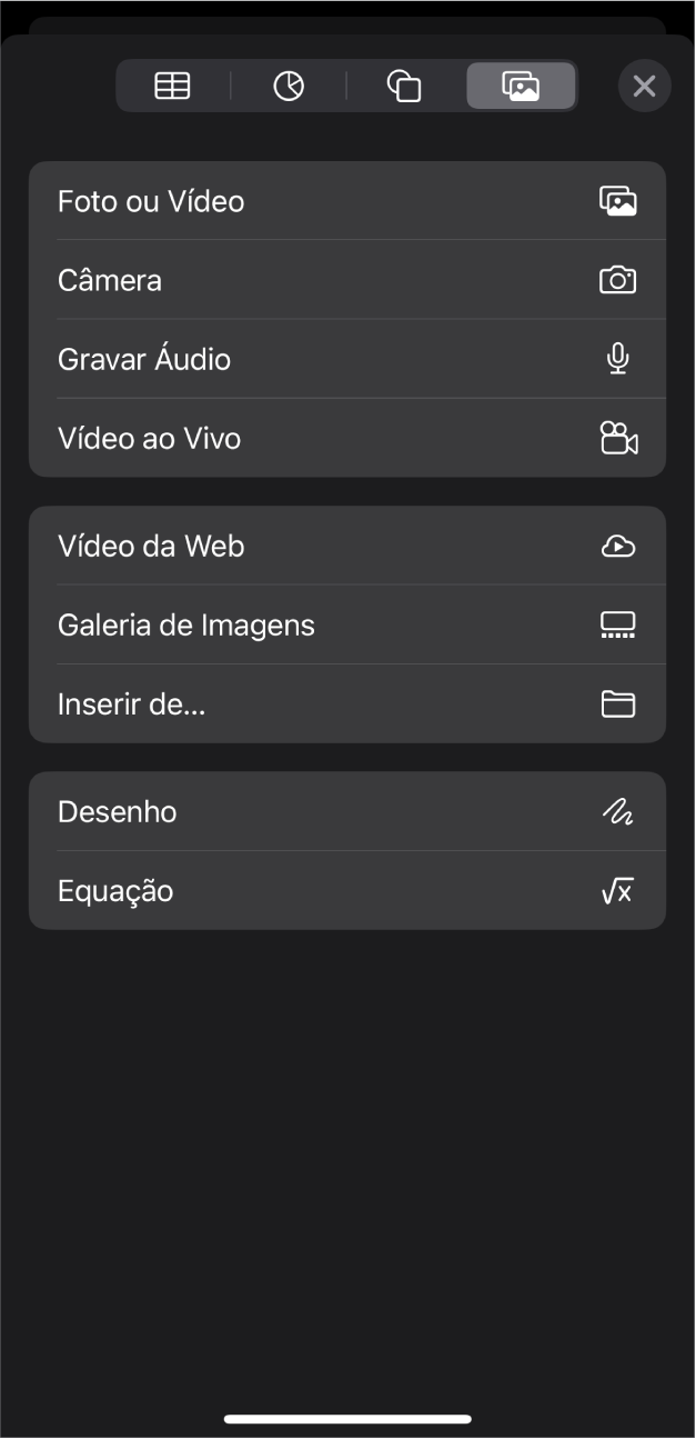 O menu Mídia mostrando botões para adicionar e gravar vários objetos de mídia.