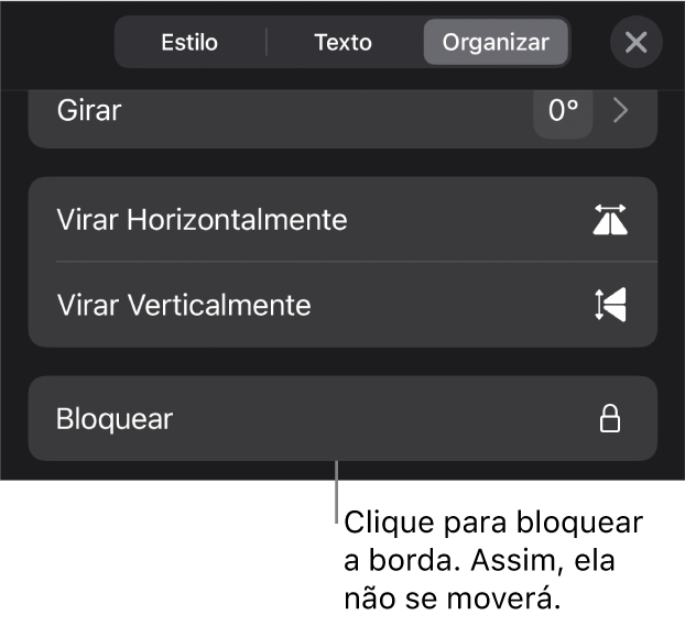 Controles de Organizar no menu Formatar, com o botão Bloquear destacado.