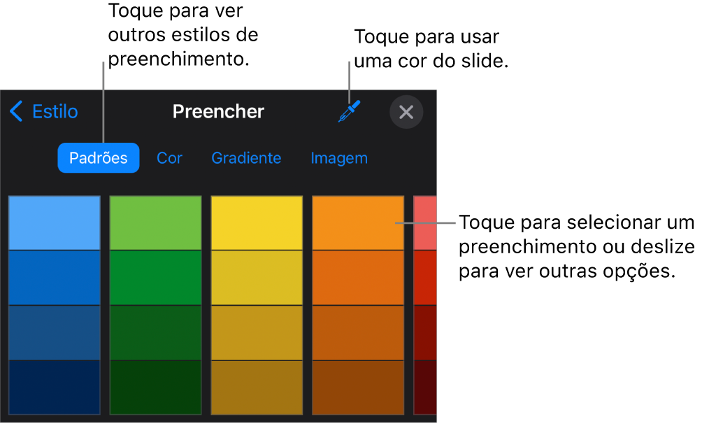 Opções de preenchimento na aba Estilo.