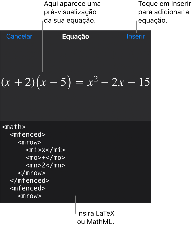 O diálogo de Equação, mostrando uma equação escrita com comandos MathML e uma pré-visualização da fórmula acima.