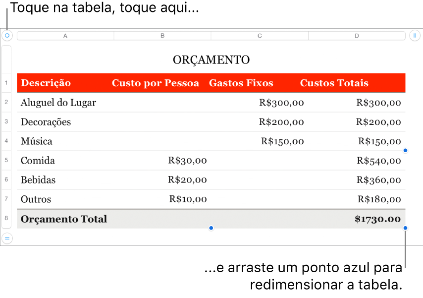 Tabela selecionada com pontos azuis para redimensionamento.