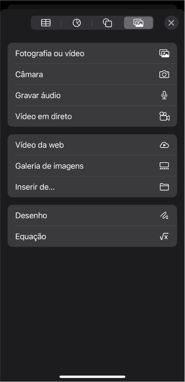 O menu Multimédia a mostrar botões para adicionar e gravar vários objetos de multimédia.